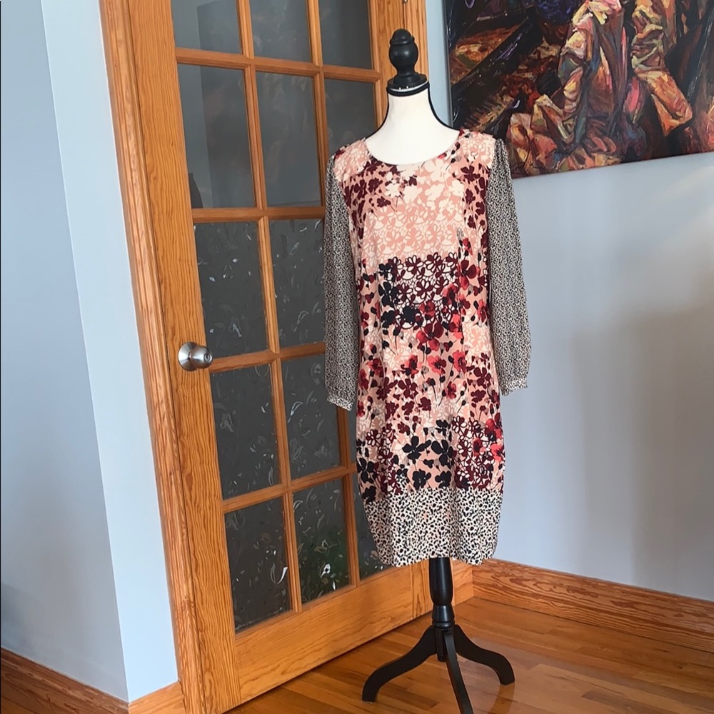 NWOT Karl Lagerfeld Red Pink Long sleeve Sheath Dress with Crew Neckline, Sz 12